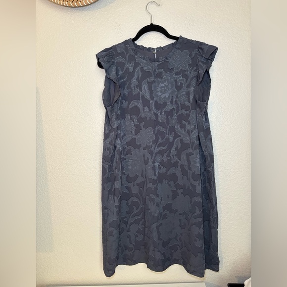 LOFT Ann Taylor Ruffle Cap Sleeve Shift Dress Lined Grayish Blue Womens Size LG - Picture 1 of 7